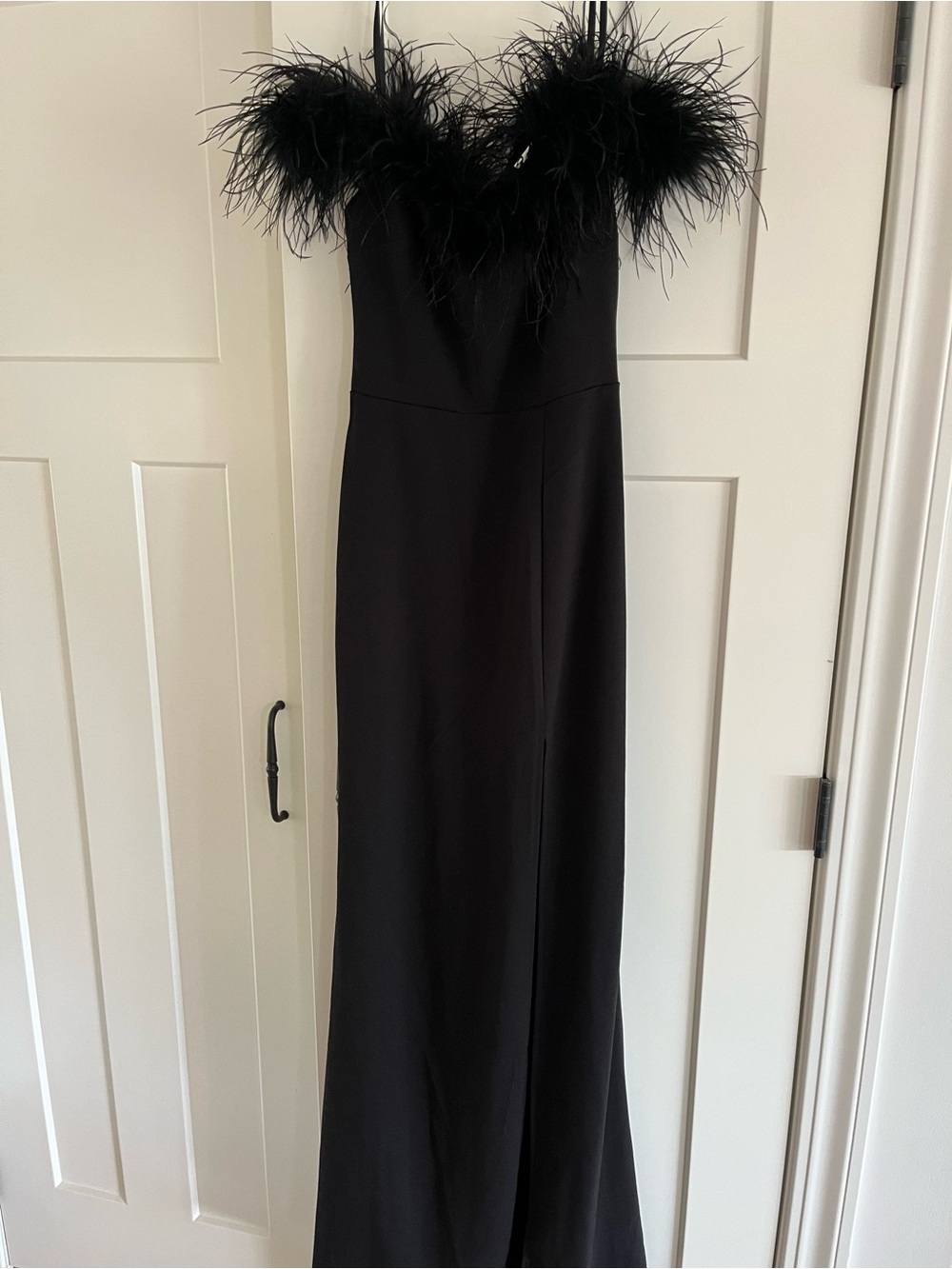Dillards B Darlin Elegant Black Off-shoulder Feather-Trim Gown